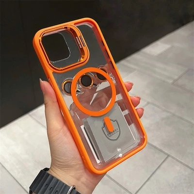 Чохол з металевою підставкою і скляний захист для обʼєктива з MagSafe для iPhone 15 Papaya